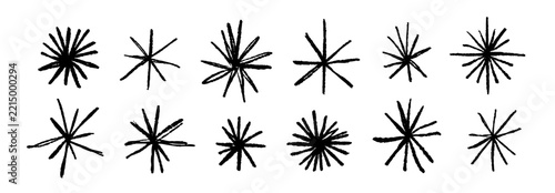 Black brush stroke sketched twinkle set. Hand drawn star and sparkle shape collection. Vector magic spark shine pack. Kid crayon asterisk doodle bundle for sticker, collage, poster, sticker, scrapbook