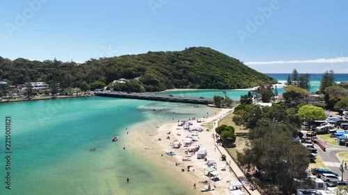 Tallebudgera Creek estuary from above, calm green water and golden sand, Gold Coast, Queensland Australia