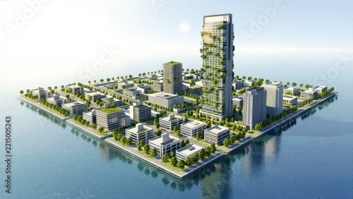 Modern Sustainable City Design with Green Architecture and Water Views