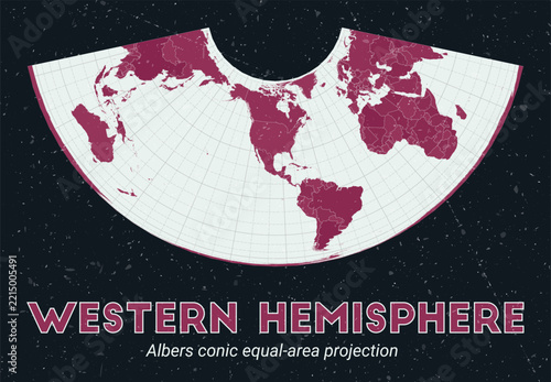 Western Hemisphere. World map. Albers conic equal-area projection centered to Western Hemisphere. Pale Mint Dark Pink palette. Vintage texture. Charming vector illustration.