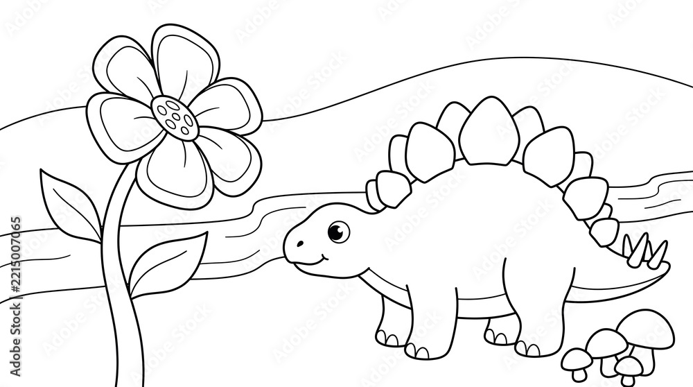 Fototapeta premium Cute cartoon stegosaurus standing near a large flower and mushrooms in a prehistoric landscape coloring page.
