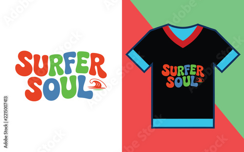 Surfer soul bold typography with a stylized ocean wave for summer beach themed apparel