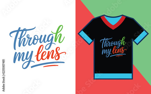 Through my lens script typography on a black v-neck t-shirt apparel mockup with colorful text