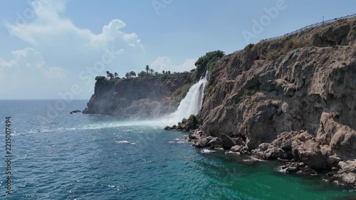 Amazing aerial view of Duden waterfall falling into the sea, Antalya, Türkiye	