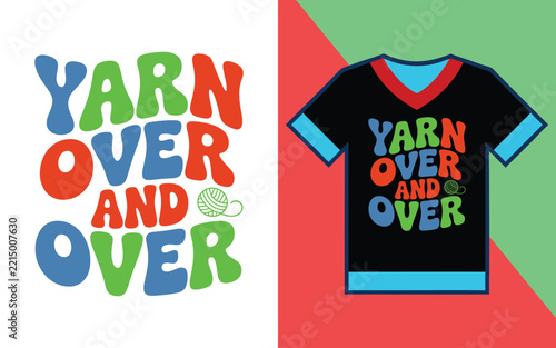 Yarn over and over retro typography with yarn ball on a black v-neck t-shirt apparel mockup