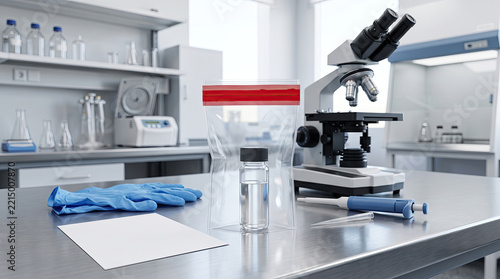 Essential forensic laboratory equipment arranged neatly on a sterile stainless steel counter, featuring a microscope, evidence bag, sample vial, and blue gloves in a modern lab setting.