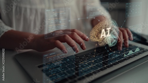 Work continues on a laptop. An AI brain represents the connection between stored knowledge and executable logic, with contextual records and activity logs supporting the workflow.