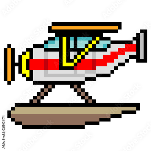 Pixel art of a seaplane on a white background.