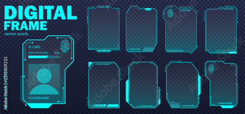 Cyberpunk-inspired futuristic identification card frame with digital interface details and sleek borders for gaming, technology, security