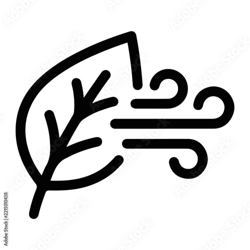 Minimalist Line Art Icon of a Botanical Leaf with Wind Breeze Lines Representing Fresh Air Quality, Environmental Conservation, Natural Ventilation, and Eco Friendly Sustainability Concepts