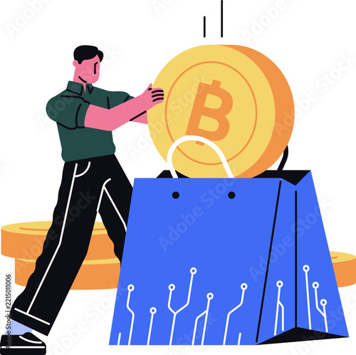 Buy cryptocurrency concept, man carrying large bitcoin coin into shopping bag with circuit pattern, flat design vector illustration