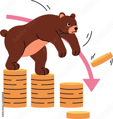 Bearish cryptocurrency market concept, bear standing on declining coin stacks with falling arrow, flat design vector illustration
