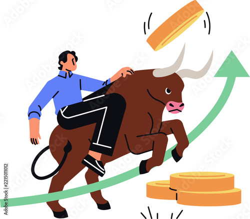 Bullish cryptocurrency market concept, man riding a bull with rising green arrow and gold coins, flat design vector illustration