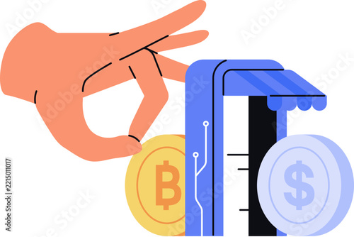 Sell cryptocurrency concept, hand holding coin in front of store with bitcoin and dollar coins, flat design vector illustration
