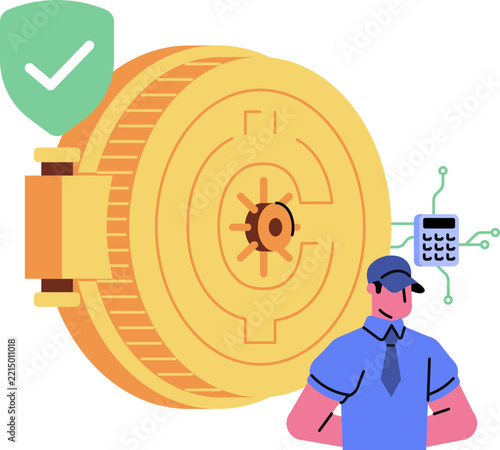 Locked crypto wallet security concept, giant coin with lock and shield check mark, security guard standing beside it, flat design vector illustration