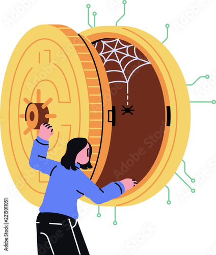 Empty crypto wallet concept, woman opening giant coin vault with cobweb inside, no funds, flat design vector illustration