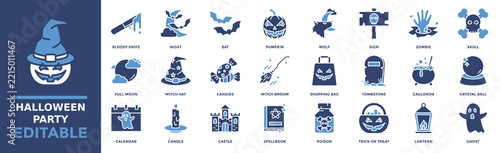 Halloween Party solid icon set. Editable stroke symbols containing night, bat, pumpkin, wolf, zombie, candies and more.