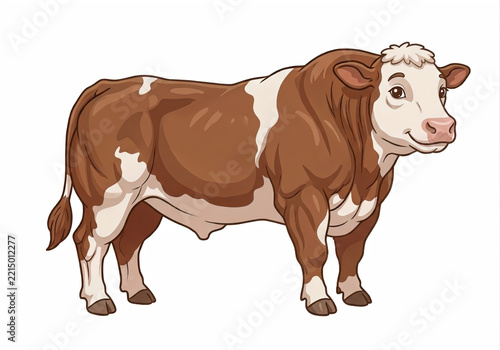 A cheerful Simmental bull with a striking brown and white patchy pattern