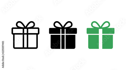 Set of three square gift box icons in various graphic styles