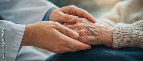Close up of doctor holding senior woman hand, compassionate palliative care and elderly patient support