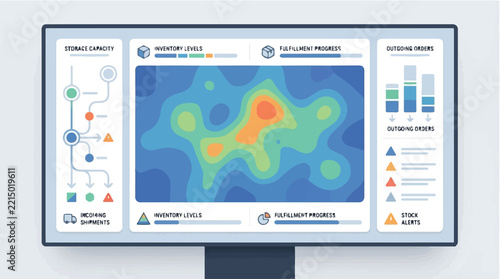 Warehouse Inventory Dashboard Illustration Displaying Fulfillment Progress, Stock Alerts, and Incoming Shipments