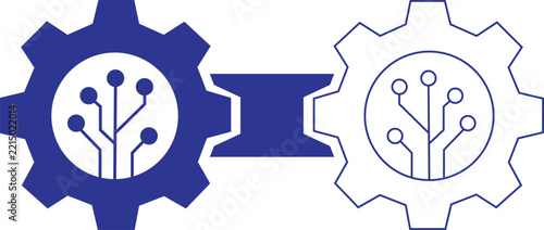 Digital gear technology icon set in solid blue and line art design.