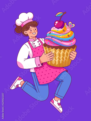 Happy Female Baker Character Jumping While Carrying a Giant Rainbow Cupcake with Cherry on Top
