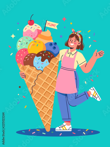 Happy Young Woman Standing Beside a Giant Waffle Cone with Multiple Colorful Ice Cream Scoops and Sprinkles