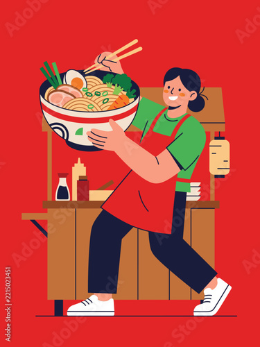 Smiling Woman Vendor Holding a Giant Bowl of Japanese Ramen Noodles at Street Food Stall Illustration