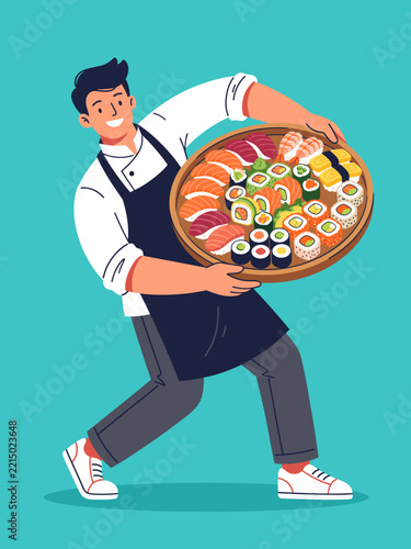 Smiling Male Chef Carrying a Large Wooden Platter with Diverse Sushi Assortment Vector Illustration