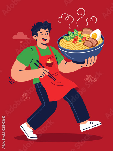 Happy Man Carrying a Giant Bowl of Delicious Hot Ramen Noodles Illustration in Flat Vector Style