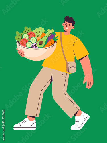 Young Man Carrying a Large Bowl of Fresh Vegetables for a Healthy Lifestyle Flat Illustration