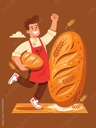 Cheerful Male Baker in Red Apron Celebrating with Freshly Baked Wheat Bread Vector Illustration