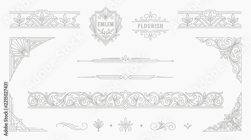 Art Deco Ornaments Set: Borders, Corners, Emblems, Flourishes