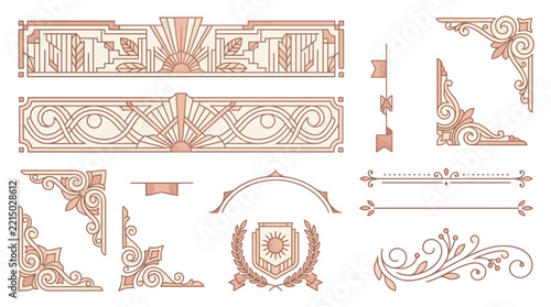 Art Deco Decorative Elements Set, Isolated on Transparent Background