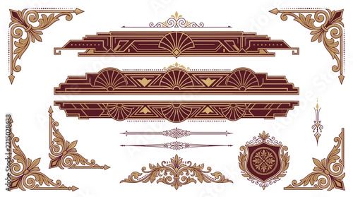 Art Deco Decorative Ornaments, Borders, Corners, and Crest Isolated