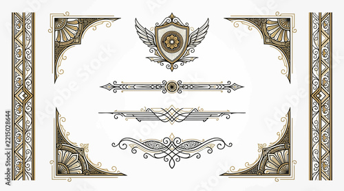 Art Deco Decorative Elements, Ornate Borders, Dividers, Crest