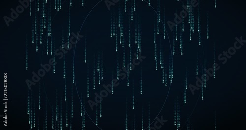 Japanese katakana characters fall slowly in a teal circuit animation, creating a deep mainframe background.