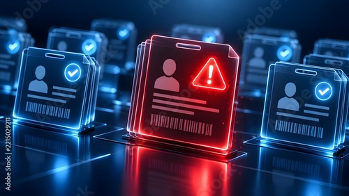 Cybersecurity Concept of Digital Identity Verification and Data Breach Featuring a Red Alert Warning Icon Among Verified User Profiles and Glowing Holographic Identity Cards in Network Infrastructure