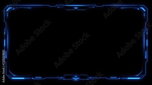 Futuristic blue neon digital interface frame with sci-fi design elements on a black background.