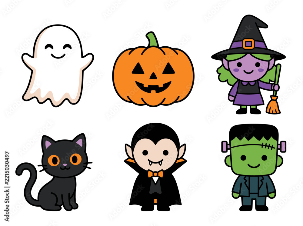 Fototapeta premium Set of cute cartoon Halloween characters including ghost, witch, pumpkin, and cat