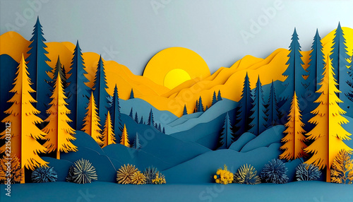 Paper cut autumn mountain valley landscape with yellow sun, pine trees, and central copy space