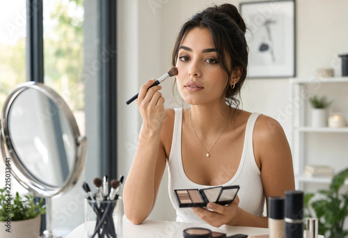 Young woman applies makeup at vanity