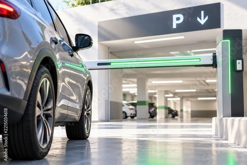 Driver entering underground parking. Urban driving, vehicle access, daily transportation.