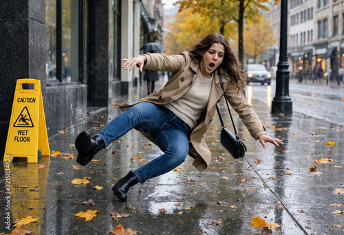 Woman slips on wet sidewalk, startled