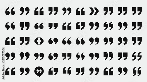 Quotation mark icon collection, diverse typographic quote symbols, punctuation marks set, monochrome vector design, editorial publishing elements.