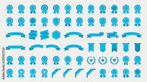 Award ribbon and badge icon collection, certification seals, achievement symbols, directional arrows, flat vector design elements.