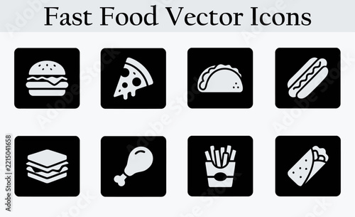 A collection of black and white fast food vector icons featuring burger pizza taco hot dog chicken and fries