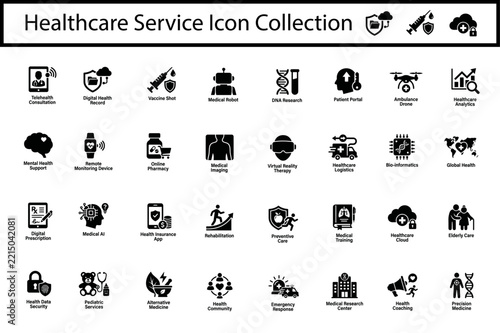 A comprehensive collection of black and white healthcare service icons representing various medical procedures and hospital facility support services