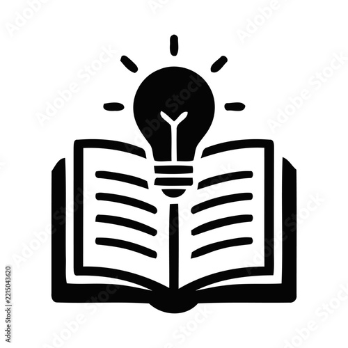 A black and white icon showing an open book with a glowing light bulb representing knowledge and creative ideas